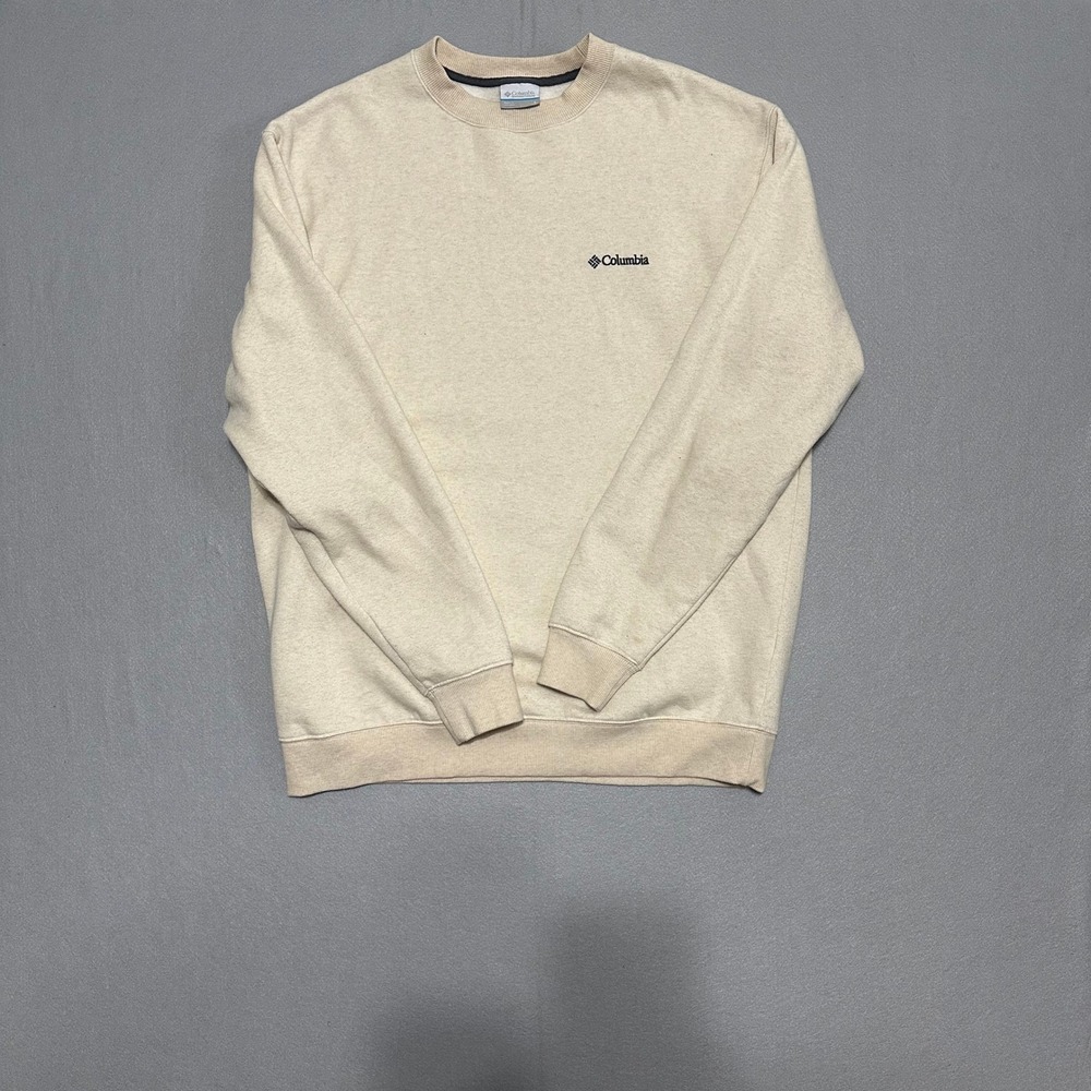 Columbia Mens Crewneck Sweatshirt Large Oatmeal Beige Fleece Pullover Logo L